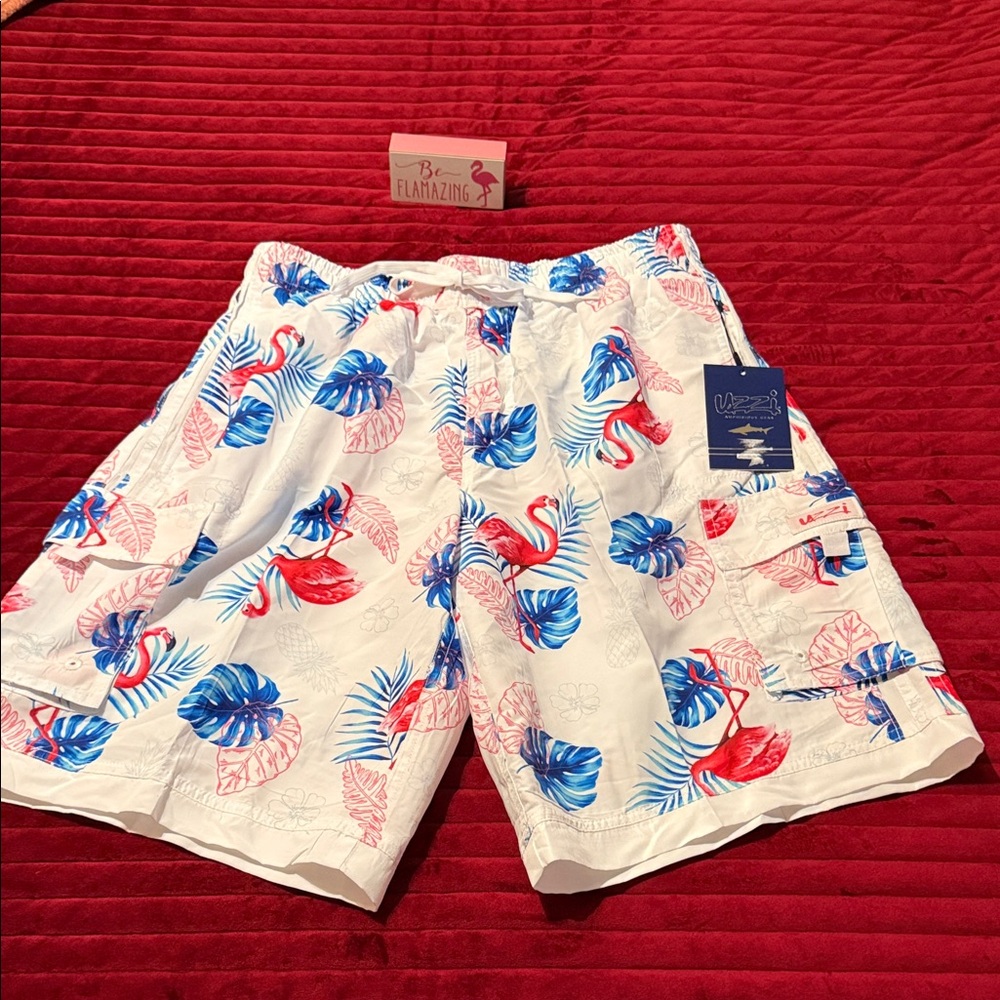 Uzzi Men's Swimwear Trunks White with Tropical Flamingos Size Medium NWT